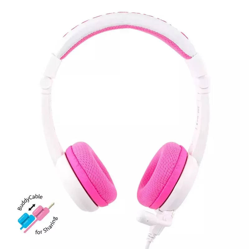 BuddyPhones School+ vadu austiņas ar galvas saiti, paredzētas zvaniem un mūzikai, 20–20000 Hz, 1,4 m kabelis, rozā/balts
