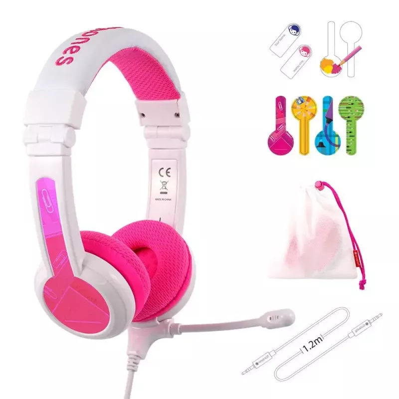 BuddyPhones School+ vadu austiņas ar galvas saiti, paredzētas zvaniem un mūzikai, 20–20000 Hz, 1,4 m kabelis, rozā/balts