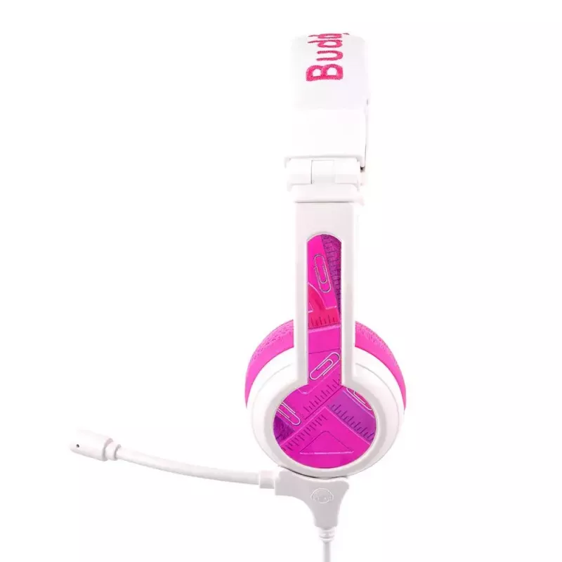 BuddyPhones School+ vadu austiņas ar galvas saiti, paredzētas zvaniem un mūzikai, 20–20000 Hz, 1,4 m kabelis, rozā/balts