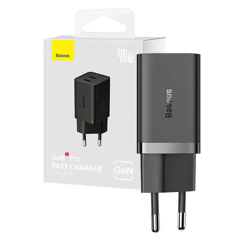 Baseus sienas lādētājs GaN5 40W, 2x USB C (melns)