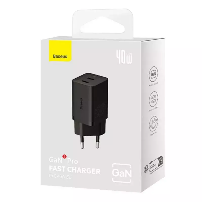 Baseus sienas lādētājs GaN5 40W, 2x USB C (melns)