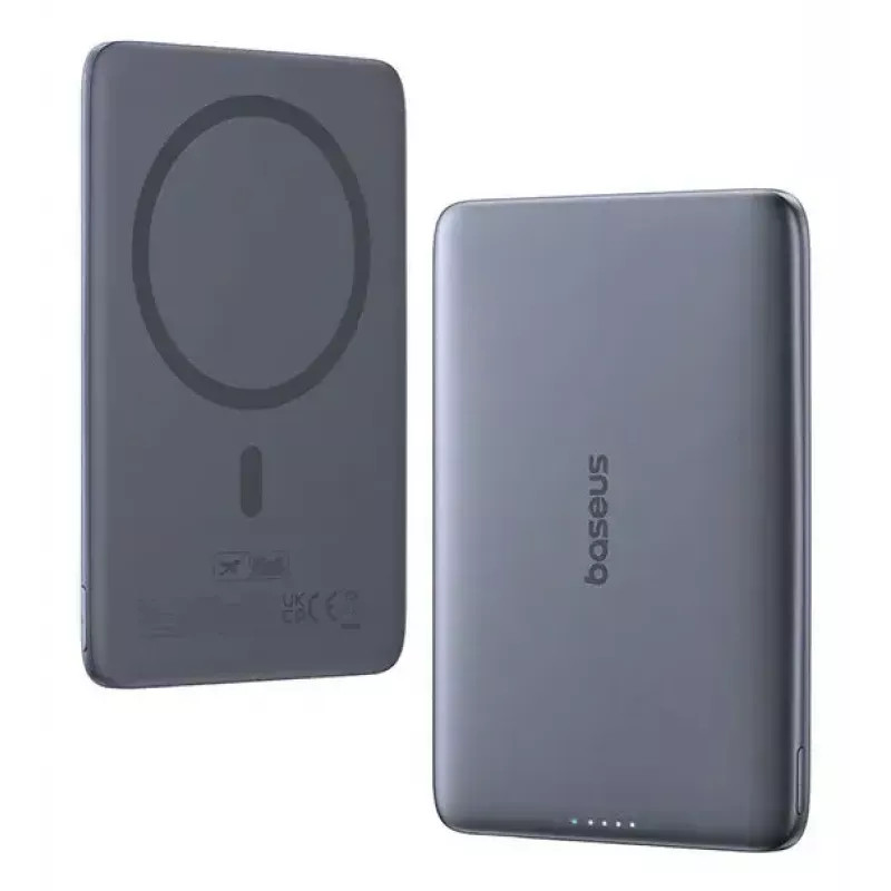 Portatīvs ārējais akumulators Baseus PicoGo Ultra-plāns 5000 mAh, 20 W izeja, bezvadu uzlāde, USB-C, pelēks
