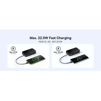 Ārējais akumulators Baseus EnerFill Bipow2 Pro — 20000 mAh, PD 3.0 un QC 3.0, 22,5 W, 1×USB-A + 1×USB-C, melns, līdz 3 ierīcēm