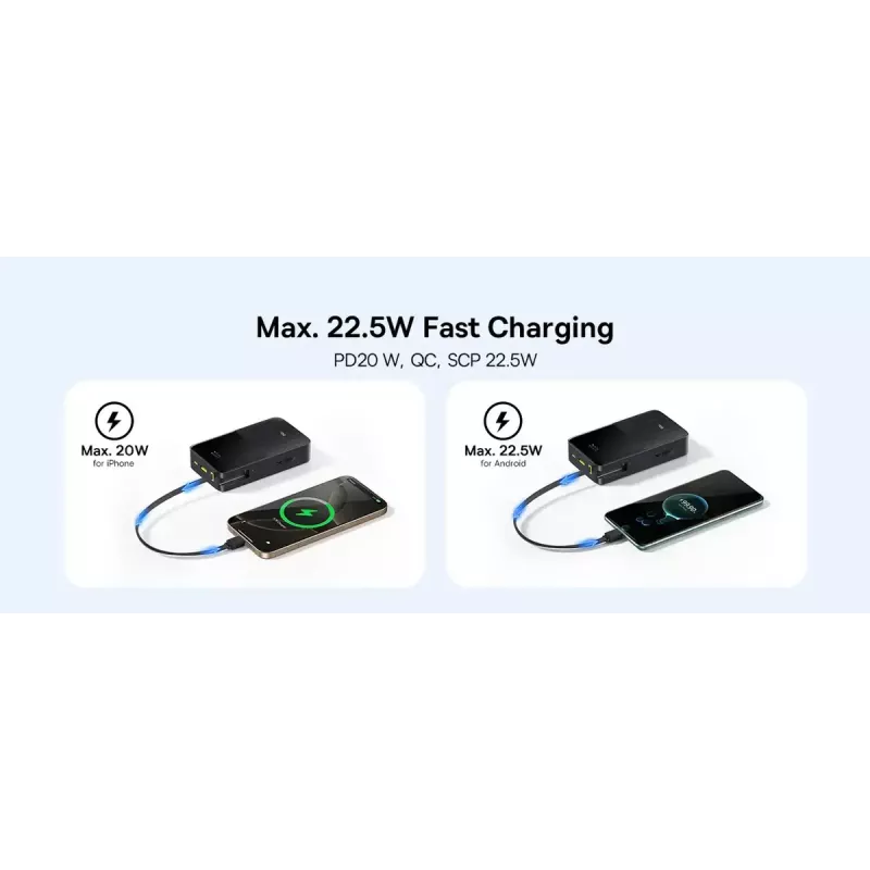 Ārējais akumulators Baseus EnerFill Bipow2 Pro — 20000 mAh, PD 3.0 un QC 3.0, 22,5 W, 1×USB-A + 1×USB-C, melns, līdz 3 ierīcēm