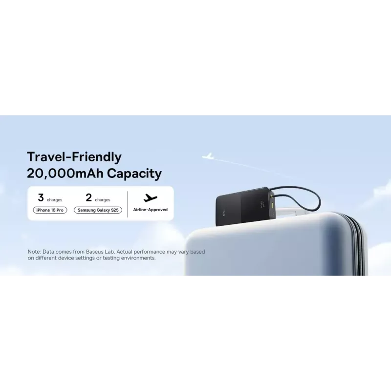 Ārējais akumulators Baseus EnerFill Bipow2 Pro — 20000 mAh, PD 3.0 un QC 3.0, 22,5 W, 1×USB-A + 1×USB-C, melns, līdz 3 ierīcēm