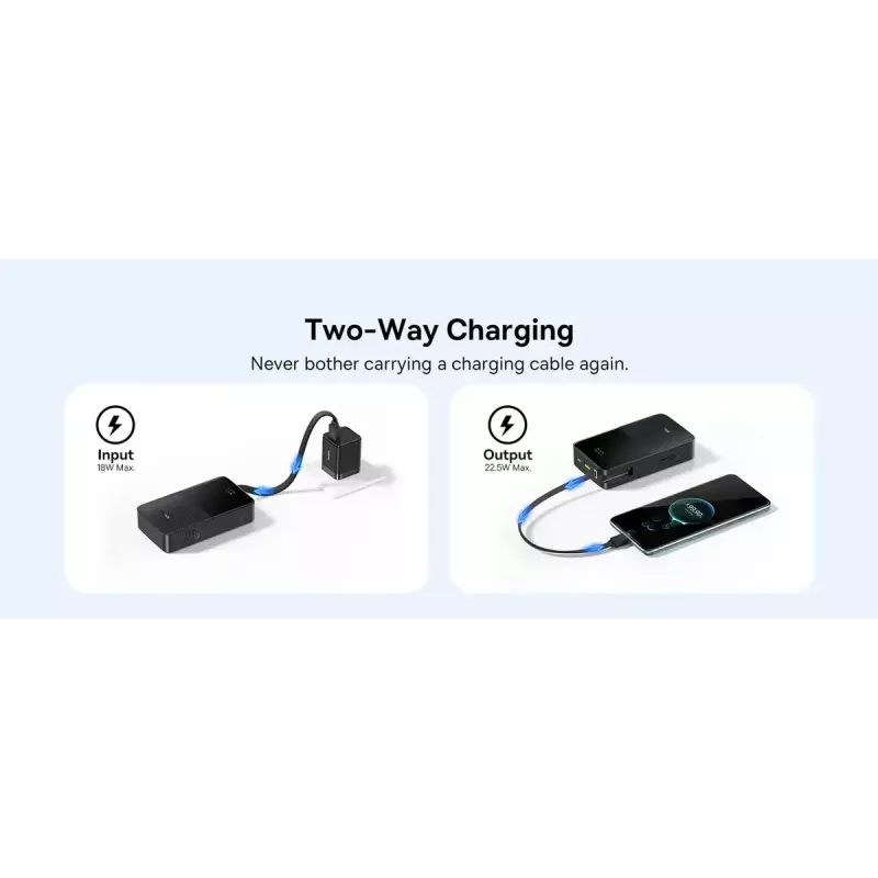 Ārējais akumulators Baseus EnerFill Bipow2 Pro — 20000 mAh, PD 3.0 un QC 3.0, 22,5 W, 1×USB-A + 1×USB-C, melns, līdz 3 ierīcēm