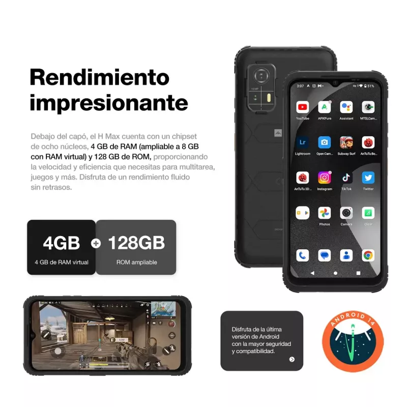 Viedtālrunis AGM H Max — 6,56 collu Displejs, Android 14, 4 GB RAM, 256 GB, Dual SIM, 10000 mAh, IP68, Melns