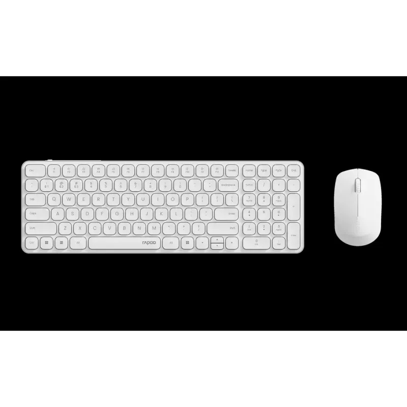 Tastatūras un peles komplekts RAPOO 9310M — pilna izmēra bezvadu tastatūra (RF + Bluetooth), balta, ietver peli
