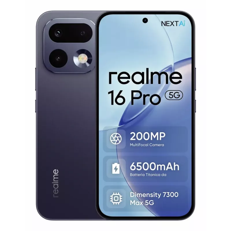 Viedtālrunis REALME 16 PRO — 6,8 collas (17,3 cm) 5G, MediaTek Dimensity, 8 GB RAM, 256 GB, 200 MP dubultā kamera, 6500 mAh, Pelēks