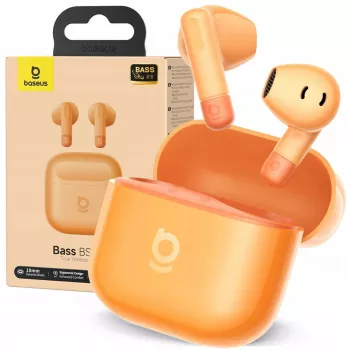 Ievietojamās True Wireless austiņas Baseus Bass BS2 Lite TWS — oranžas, stereo audio, kompakts uzlādes futrālis