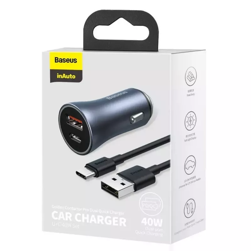 Automašīnas lādētājs Baseus TZCCJD-0G 40W tumši pelēks — USB transportlīdzekļa strāvas adapteris, 40W izeja