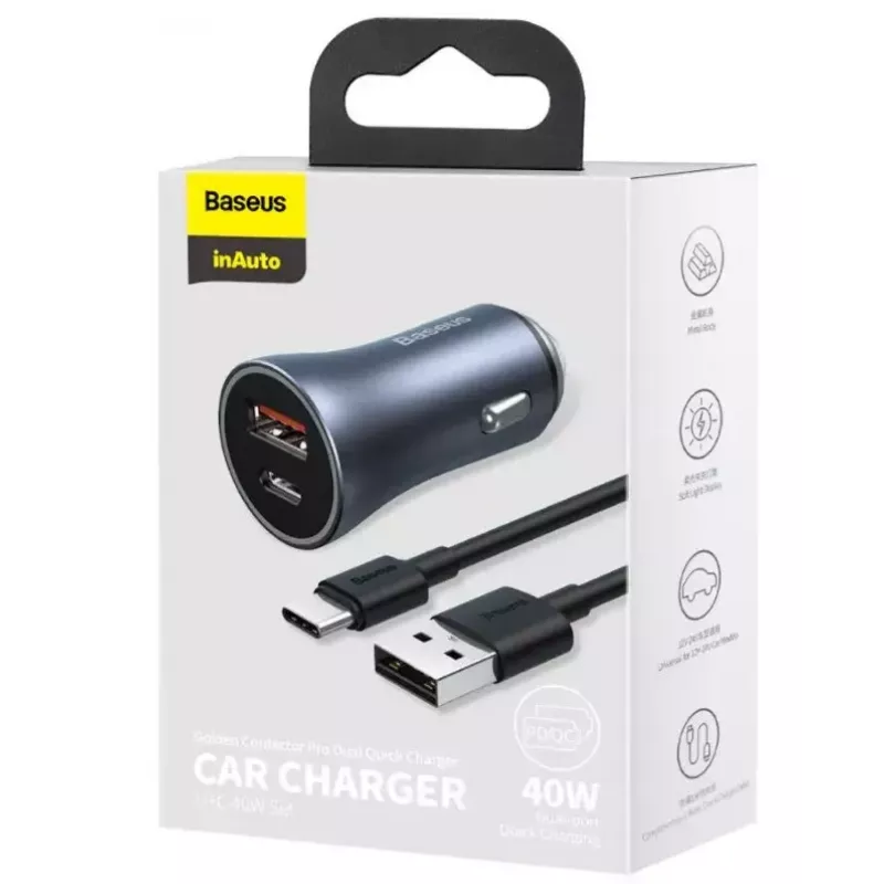Automašīnas lādētājs Baseus TZCCJD-0G 40W tumši pelēks — USB transportlīdzekļa strāvas adapteris, 40W izeja