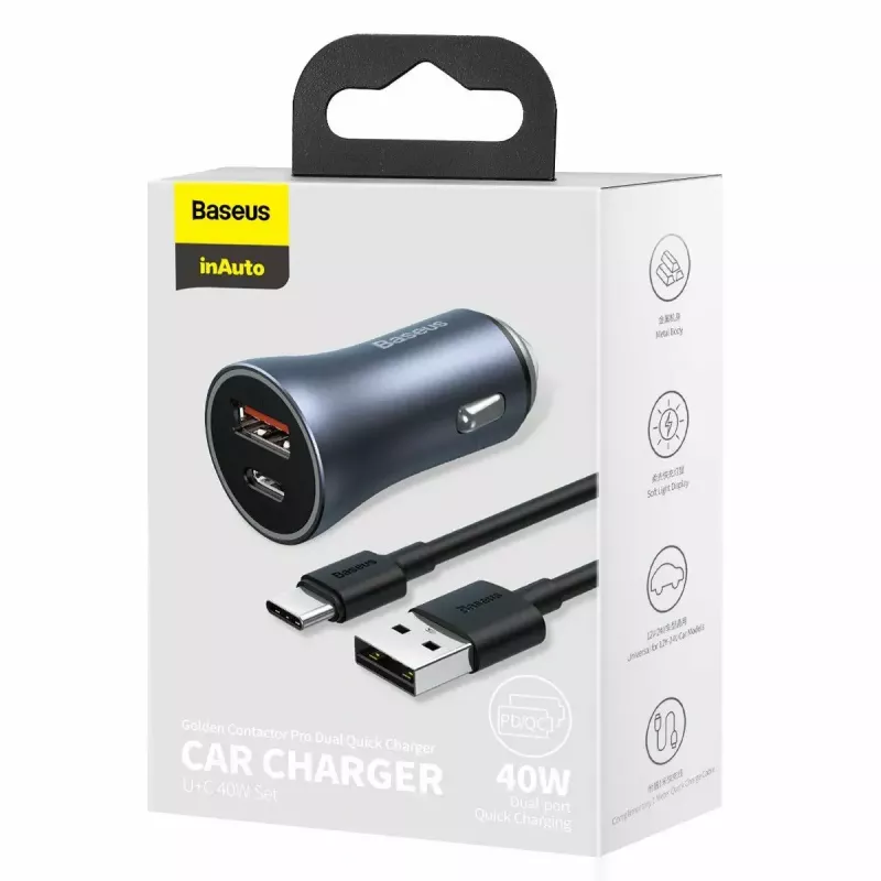 Automašīnas lādētājs Baseus TZCCJD-0G 40W tumši pelēks — USB transportlīdzekļa strāvas adapteris, 40W izeja