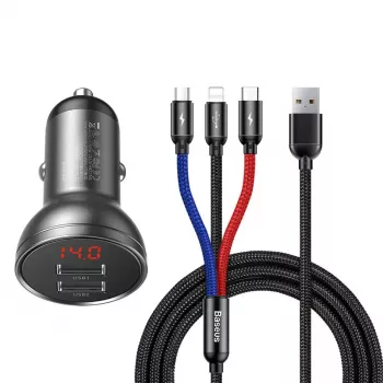 Automašīnas USB lādētājs Baseus AB2XUSBAKBK — 2× USB 2.0, 4,8 A, cigāru šķiltavas barošana, melns/pelēks