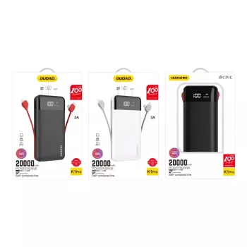 Ārējais akumulators Dudao K1Pro 20000mAh 15W ar 4 iebūvētiem kabeļiem, melns