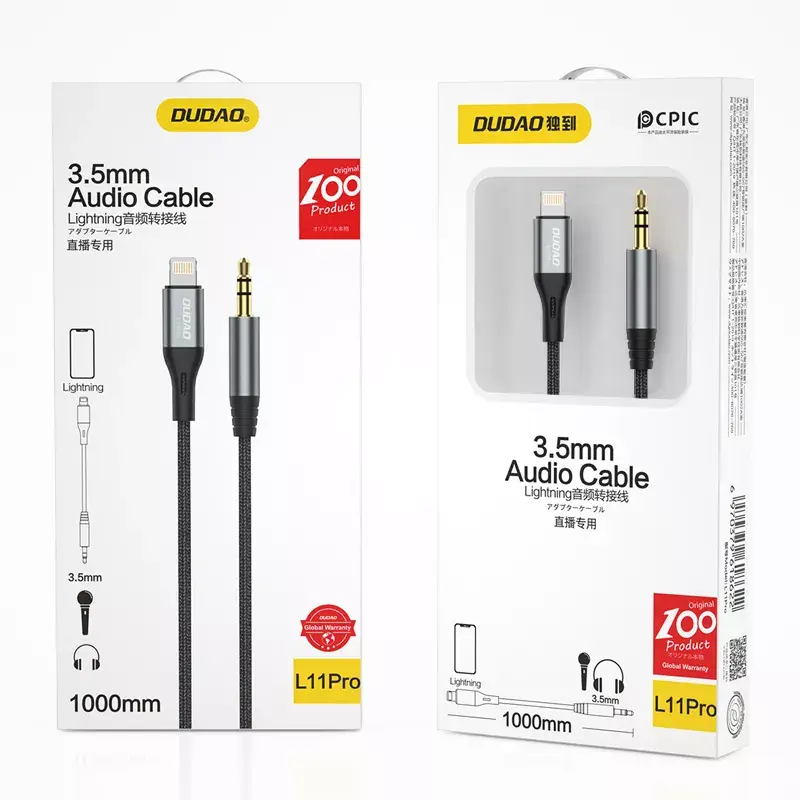 DUDAO audio kabelis Lightning - 3.5mm mini spraudnis 1m pelēks L11PRO