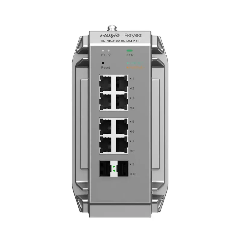 Pārvaldīts L2 tīkla slēdzis Ruijie RG-NIS3100-8GT2SFP-HP — 8× Gigabit RJ-45, 2× SFP, PoE, 12–56 V DC, 20 Gbit/s, 8000 MAC, Pelēks