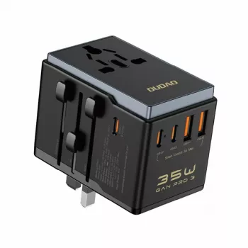 Ceļojumu adapteris Dudao A35Pro 35W ar 3× USB-C un 2× USB-A, vairāku spraudņu EU/UK/AUS/US/JP — melns