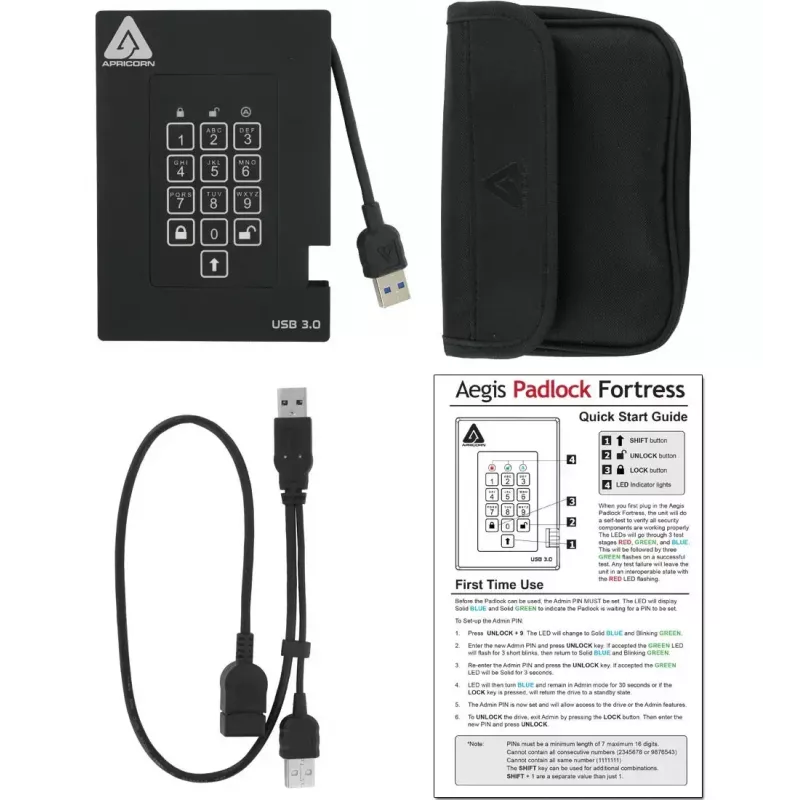 Ārējais cietais disks Apricorn 1TB USB Type-A 3.2 Gen 1 Aegis Padlock Fortress