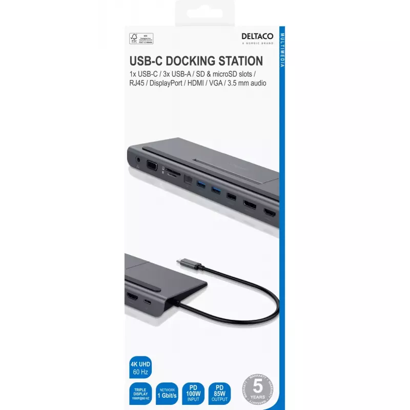 Klēpjdatora dokstacija Deltaco USBC-DOCK2 vadu USB 3.2 Gen 1 Type-C pelēka