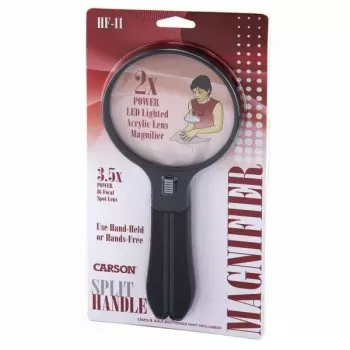 Lupa Carson Split Handle HF-11 — 3,5× rokas palielināmais stikls, melns/caurspīdīgs, AAA baterijas