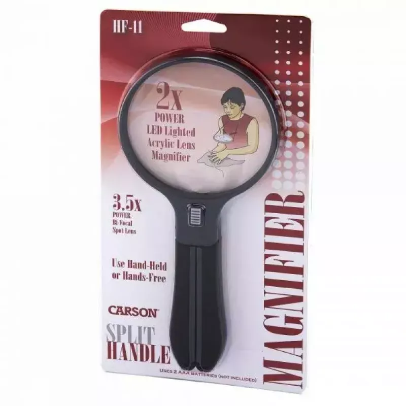 Lupa Carson Split Handle HF-11 — 3,5× rokas palielināmais stikls, melns/caurspīdīgs, AAA baterijas