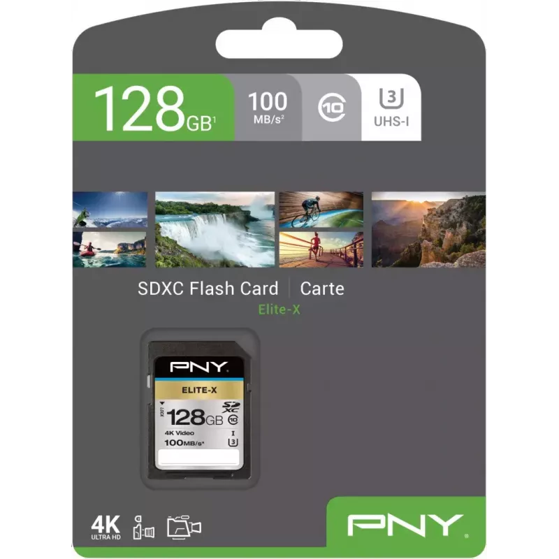 SDXC atmiņas karte PNY Elite-X 128 GB, UHS-I, Class 10, U3, 100 MB/s nolasīšana