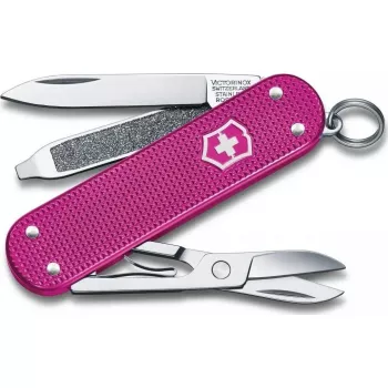 Kabatas nazis Victorinox Classic SD Alox Flamino Party red — kompakts daudzfunkcionāls instruments ar asmeni, šķērēm, nagu vīli, skrūvgriezi, atslēgu gredzenu