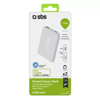 Pārnēsājams ārējais akumulators SBS 5000 mAh, 5000 mAh akumulatora ietilpība