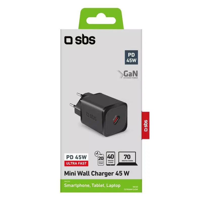 Mobilās ierīces lādētājs SBS TETRGAN1C45W Ātrā uzlāde Iekštelpām Melns