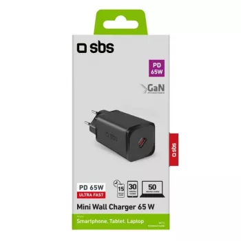 SBS Mobile iekštelpu maiņstrāvas ātrais lādētājs TETRGAN1C65W — 100–240V, 1x USB-C, melns, viedtālruņiem planšetdatoriem klēpjdatoriem viedpulksteņiem austiņām