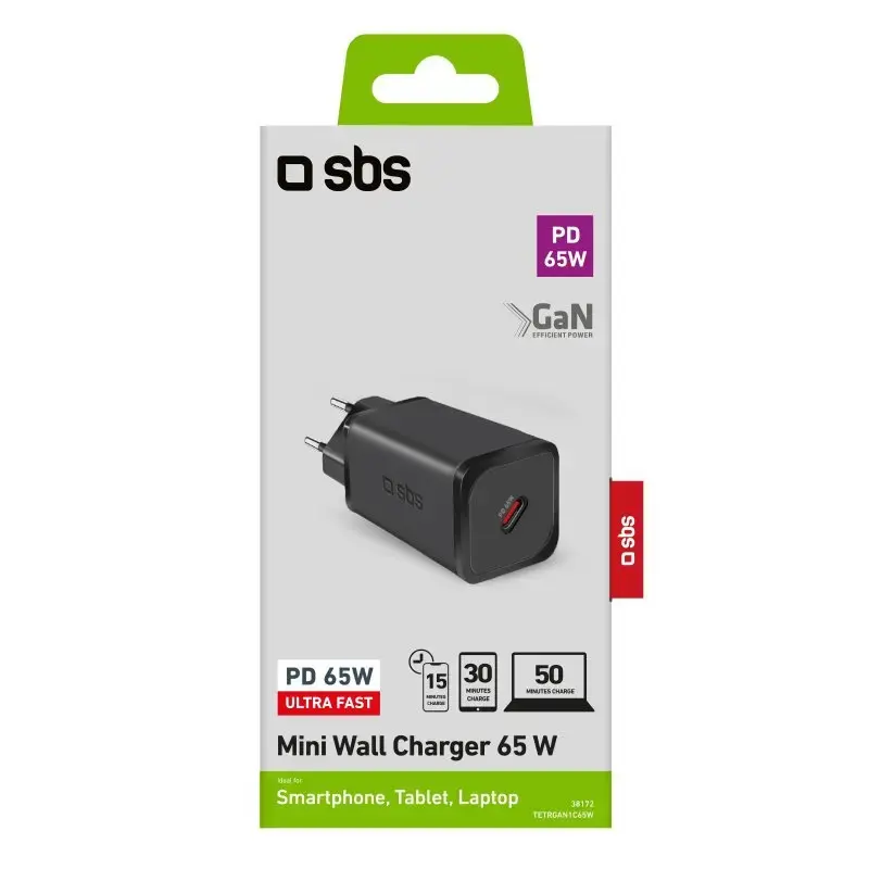 SBS Mobile iekštelpu maiņstrāvas ātrais lādētājs TETRGAN1C65W — 100–240V, 1x USB-C, melns, viedtālruņiem planšetdatoriem klēpjdatoriem viedpulksteņiem austiņām