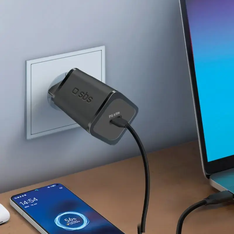 SBS Mobile iekštelpu maiņstrāvas ātrais lādētājs TETRGAN1C65W — 100–240V, 1x USB-C, melns, viedtālruņiem planšetdatoriem klēpjdatoriem viedpulksteņiem austiņām