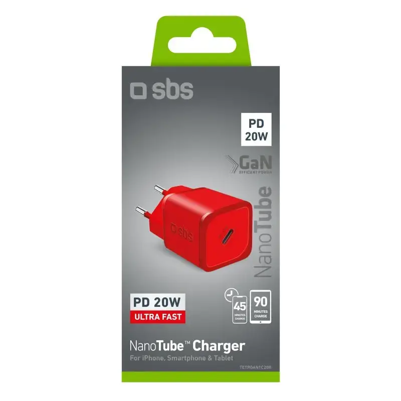 Lādētājs SBS Mobile TETRGAN1C20R — 20W USB-C maiņstrāvas iekštelpu lādētājs viedtālrunim, planšetdatoram, viedpulkstenim, austiņām (sarkans)