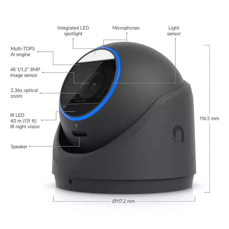 IP drošības kamera UBIQUITI UVC-G6-Pro-Turret-B — 3840×2160, 1/1,2 collas CMOS, 2,36× optiskā tālummaiņa, PoE+, griesti/siena, iekštelpās/ārtelpās