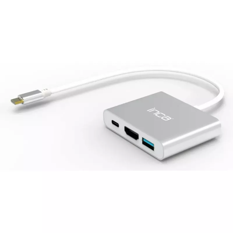 USB Type-C interfeisa centrmezgls INCA ITPC-04T — HDMI, Thunderbolt 3, USB 3.2 Gen1, 5000 Mbit/s, 2160p, sudraba/baltā krāsā