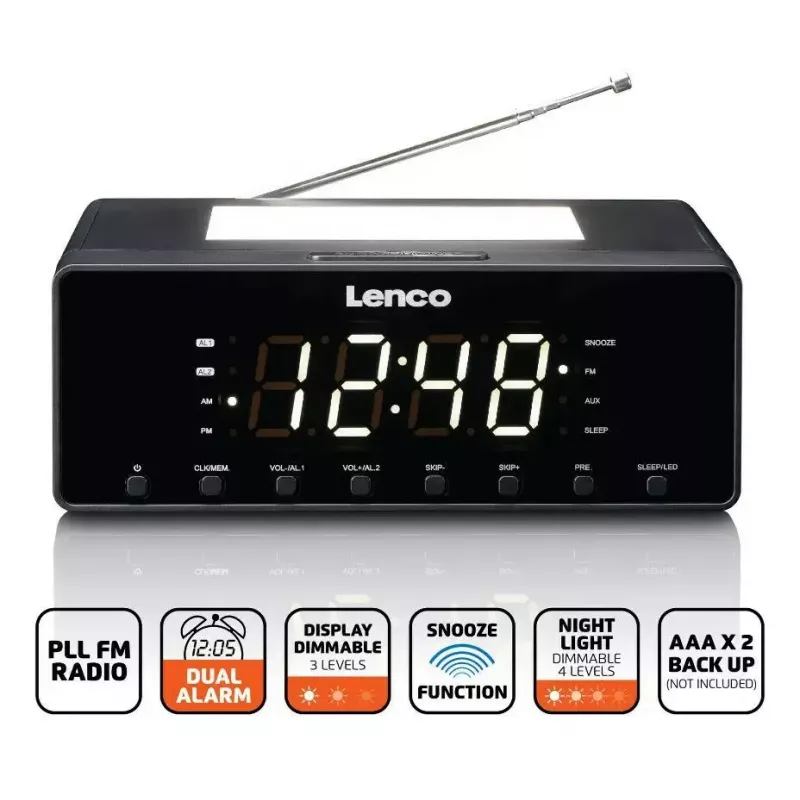 Pulksteņa radio Lenco CR540BK — FM modinātājpulkstenis, 1,2 collu LED displejs, regulējama naktslampiņa, USB uzlāde, stereo skaļruņi