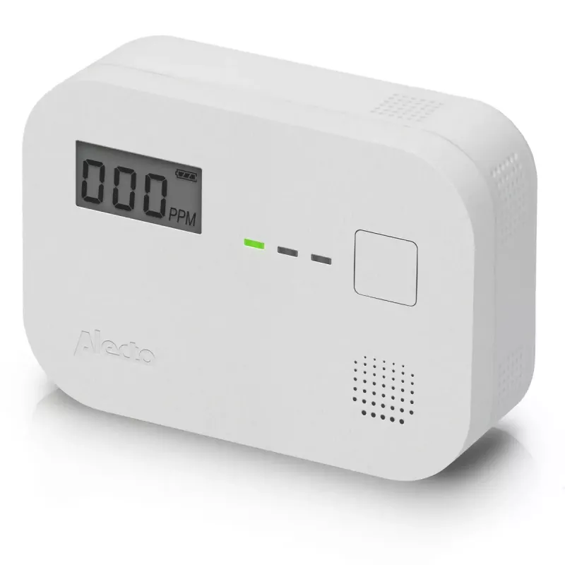 Oglekļa monoksīda detektors Alecto COA3910 — elektroķīmiskais CO sensors, darbināms ar baterijām, balts, 110×78×37 mm