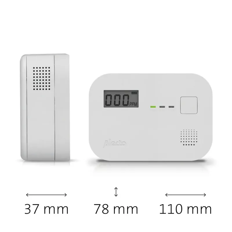 Oglekļa monoksīda detektors Alecto COA3910 — elektroķīmiskais CO sensors, darbināms ar baterijām, balts, 110×78×37 mm