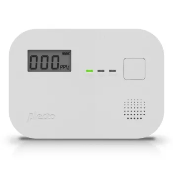 Oglekļa monoksīda detektors Alecto COA3910 — elektroķīmiskais CO sensors, darbināms ar baterijām, balts, 110×78×37 mm