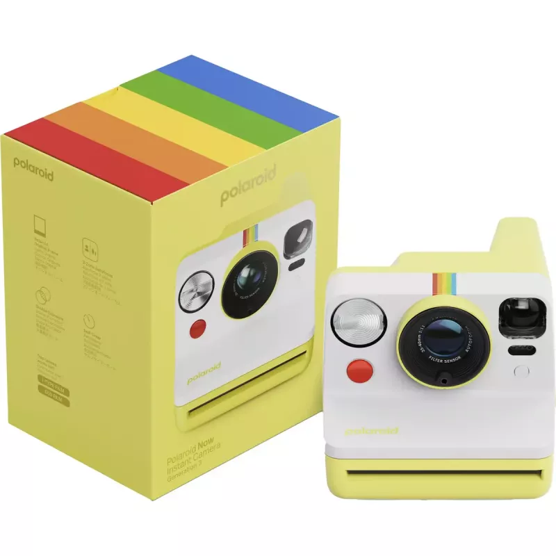 Momentuzņēmuma kamera POLAROID Now Gen 3 dzeltena — modelis 9158, analogā tūlītējās drukas kamera, iebūvēta zibspuldze