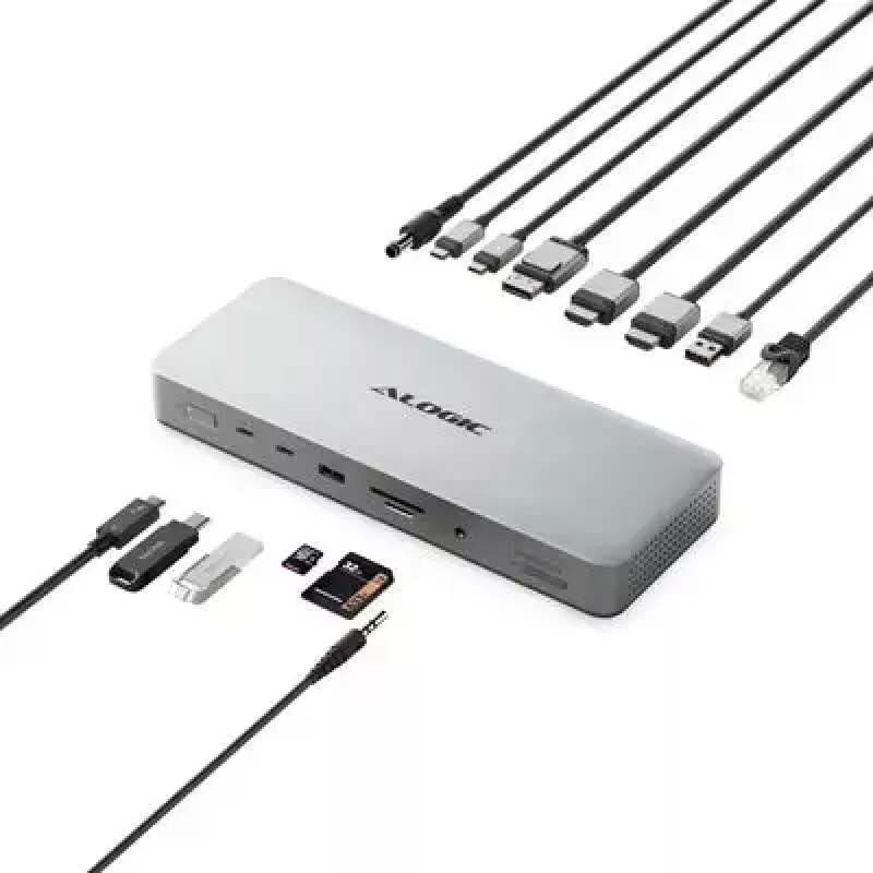 Klēpjdatora dokstacija / portu replikators ALOGIC TB4DU4 — vadu Thunderbolt, 96W, SD/MicroSD lasītājs, 3,5 mm, alumīnijs/ABS