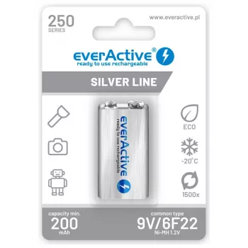 Uzlādējamās baterijas everActive Ni-MH 6F22 9V 250 mAh Silver Line