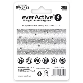 Uzlādējamās baterijas everActive Ni-MH 6F22 9V 250 mAh Silver Line