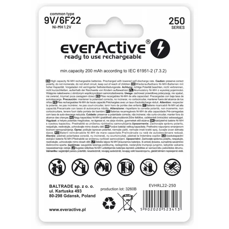 Uzlādējamās baterijas everActive Ni-MH 6F22 9V 250 mAh Silver Line