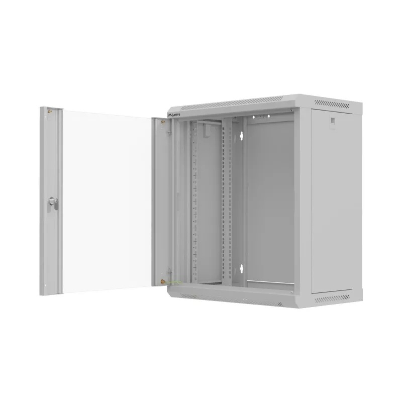 Sienas stiprinājuma rack skapis 19 collas 12U 540x350 pelēks stikla durvis (plakans iepakojums)