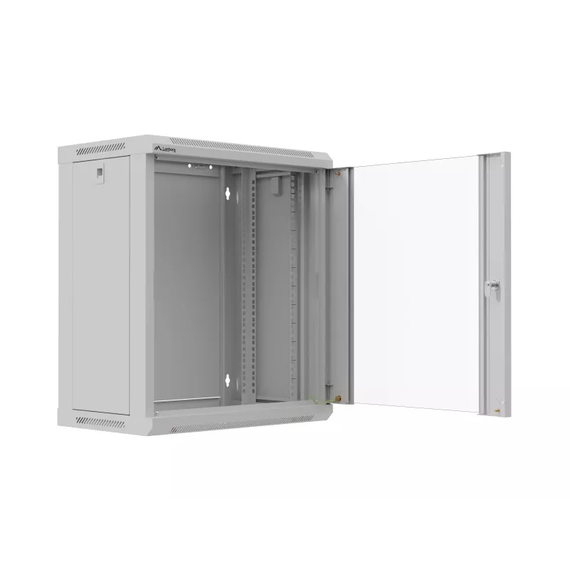 Sienas stiprinājuma rack skapis 19 collas 12U 540x350 pelēks stikla durvis (plakans iepakojums)