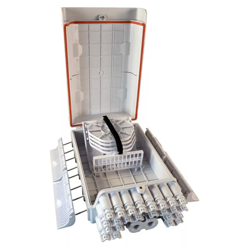 FTTH IP65 āra optiskās šķiedras sadales kārba Ražotājs FTTH-BOX-OUT-5 48 šķiedrām, 24 adapteriem, iekļauta šķiedru savienošanas paplāte