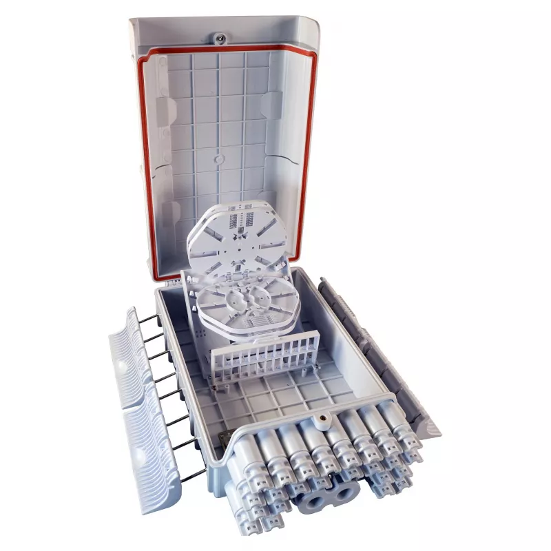 FTTH IP65 āra optiskās šķiedras sadales kārba Ražotājs FTTH-BOX-OUT-5 48 šķiedrām, 24 adapteriem, iekļauta šķiedru savienošanas paplāte