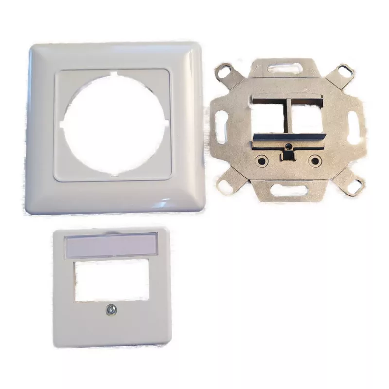 EFB Elektronik 2 portu Keystone rāmja komplekts ET-25091 — taisna DIN49075 kontaktligzda, RAL9003 balta, 80×80 mm rāmis ar 50×50 mm centrālo plāksni